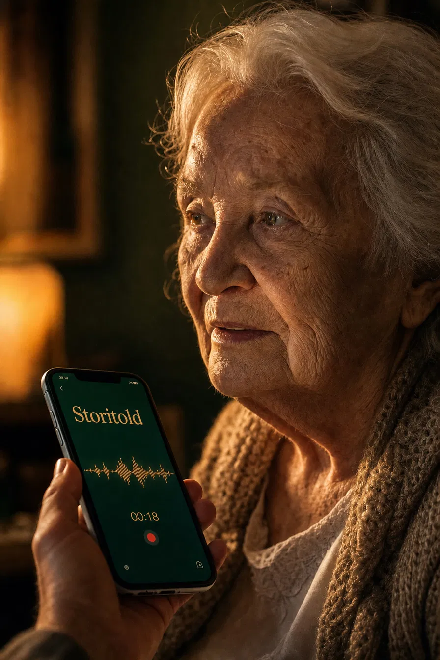 An older woman speaking while her story is recorded on a phone