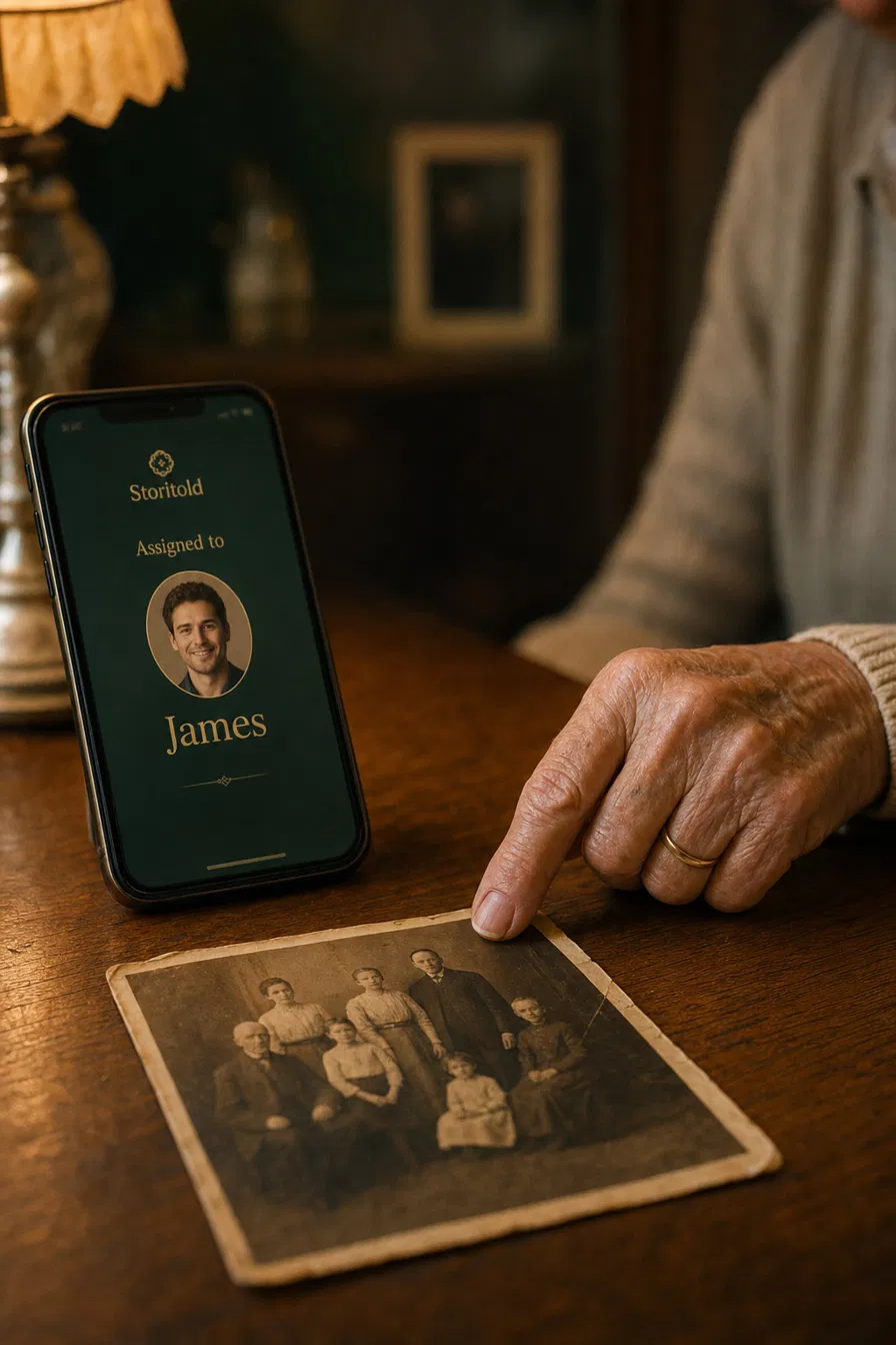 A phone showing an heirloom assigned to a family member beside an old family photo
