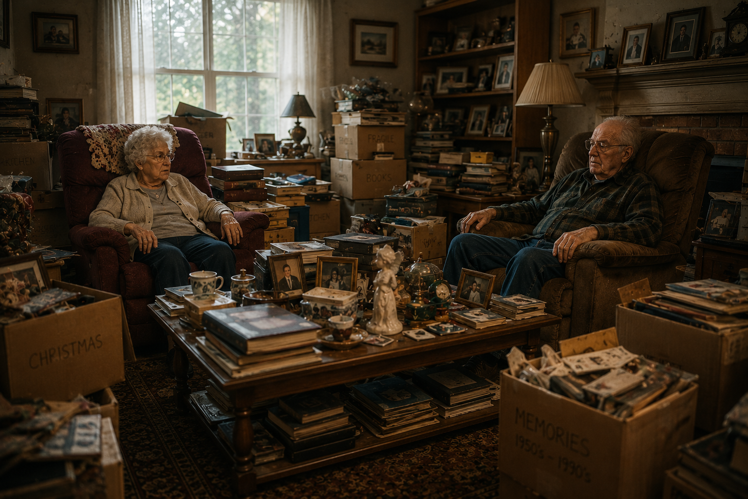 Elderly parents sitting in a living room filled with boxes and decades of belongings