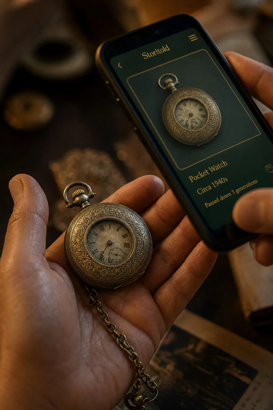 Hands holding an heirloom pocket watch next to a phone cataloguing it